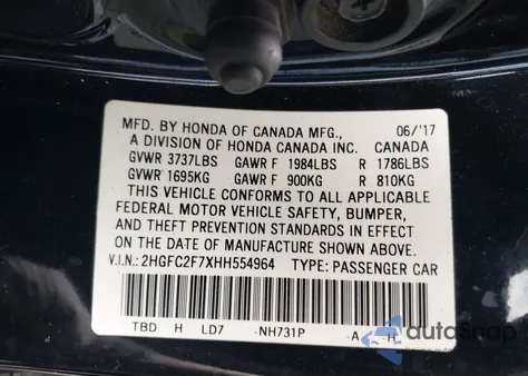 2017 Honda Civic Ex z USA, uszkodzony, nr VIN 2HGFC2F7XHH554964